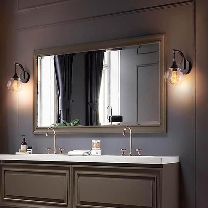 Black Wall Sconces Set of Two,Modern Wall Sconce Light with Clear Glass Shade,Bathroom Vanity Light Fixtures,Farmhouse Wall Lights for Living Room, Hallway,Kitchen