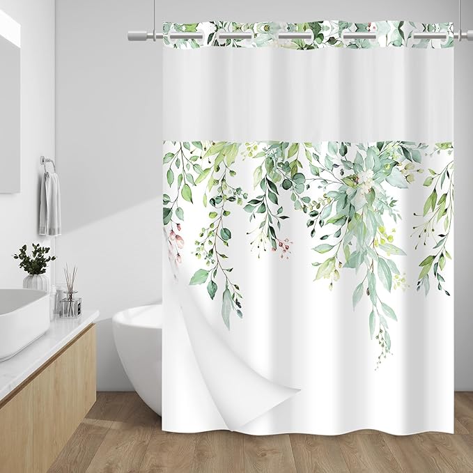 No Hook Shower Curtain with Snap in Liner - Eucalyptus Shower Curtain - Washable Waterproof Inner Liner, Plants Sage Green Leaves Modern Shower Curtains - Machine Washable, 71 x 77