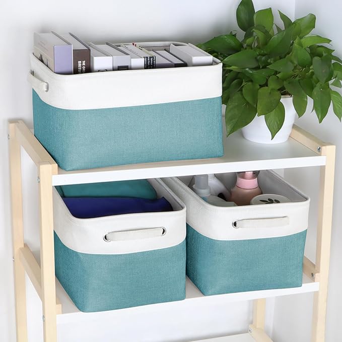Kntiwiwo Foldable Storage Bins 15" x 10" x 9.5" Fabric Storage Basket Cube with Handles Large Linen Closet Organizer Bins for Organizing Shelf Home, Set of 3, Teal