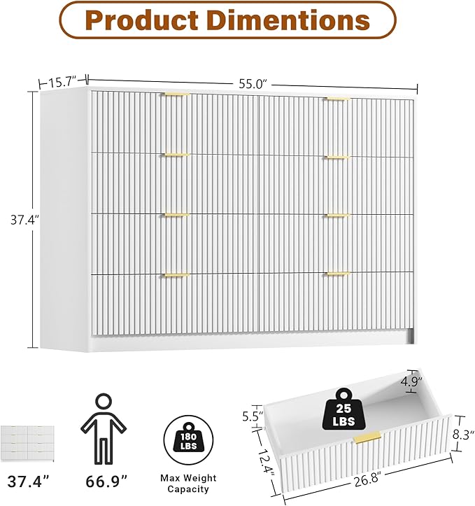 White 8 Drawer Dresser for Bedroom, Modern Dresser with Smooth Slides, Wide Chest of Drawers with Golden Handles for Bedroom, Living Room, Closet, 15.7" D x 55" W x 37.4" H