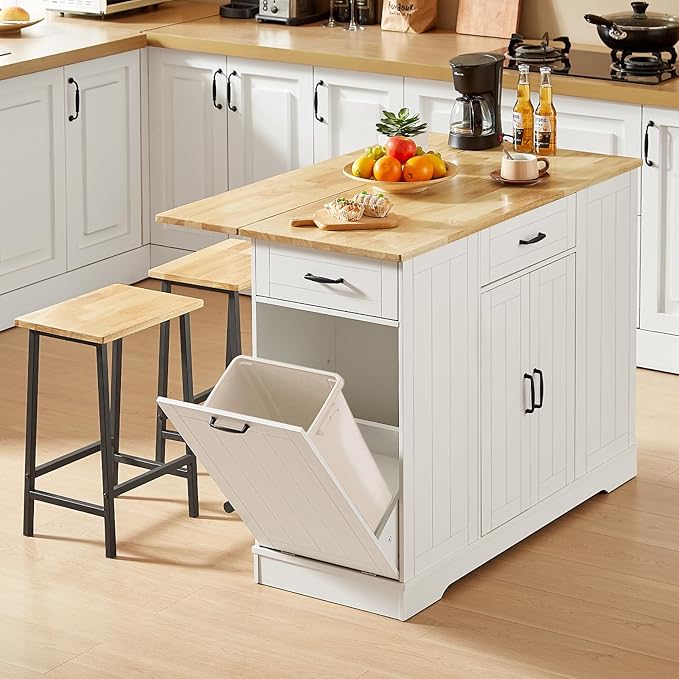 Stationary Kitchen Islands Include 2 Chairs, 47" Kitchen Island with Drop Leaf, Home Bar Table with Spice Rack & with Trash Cabinet, Island Table for Dining Room with Power Outlet, White