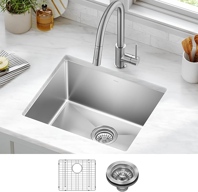 Kraus KHU101-21 Standart PRO 16 Gauge Undermount Single Bowl Set (4 Item Bundle: Sink, Bottom Grid, Drain Assembly, Kitchen Towel), 21 Inch, Stainless Steel