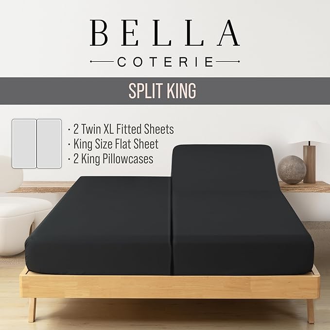 Bella Coterie Luxury Bamboo Viscose Split King Size Sheet Set | 100% Organically Grown | Ultra Soft | Cooling for Hot Sleepers | 18" Deep Pocket [Black]