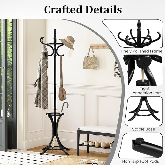 Tangkula Coat Rack with Umbrella Holder, 73 Inch Freestanding Coat Hanger Stand with 12 Hooks, Wooden Entryway Coat Tree for Clothes, Bags, Hats, Scarves, Living Room, Bedroom, Hallway (Black)