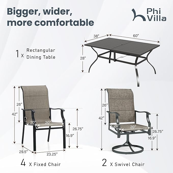 PHI VILLA 7 PCS Patio Dining Set, Outdoor Table Chair Set with Large Metal Table, 6 High Back Patio Chairs Include 4 Fixed and 2 Swivel Chair, Patio Furniture Dining Set for Patio Lawn Garden