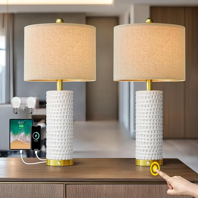 PORTRES 24" Modern Ceramic Table Lamp Set of 2 for Living Room Gold Bedside Lamps with USB A+C Charging Ports for Bedroom Farmhouse Nightstand Lamp 3-Way Dimmable Touch End Table Lamps