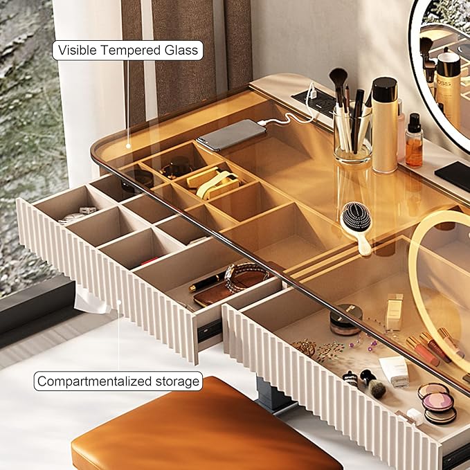 Lartis Vanity Table with Stool,Electric Lift Vanity Desk,Vanity Set，Up and Down Desk, Standing Vanity with Drawer