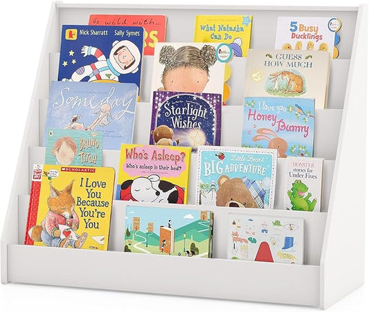 KOTEK 5-Tier Kids Bookshelf, Wooden Floor Display Shelf for Books and Magazines, Toddler Bookcase, Montessori Book Shelf for Kids Room, Daycare, Preschool, Classroom (White)