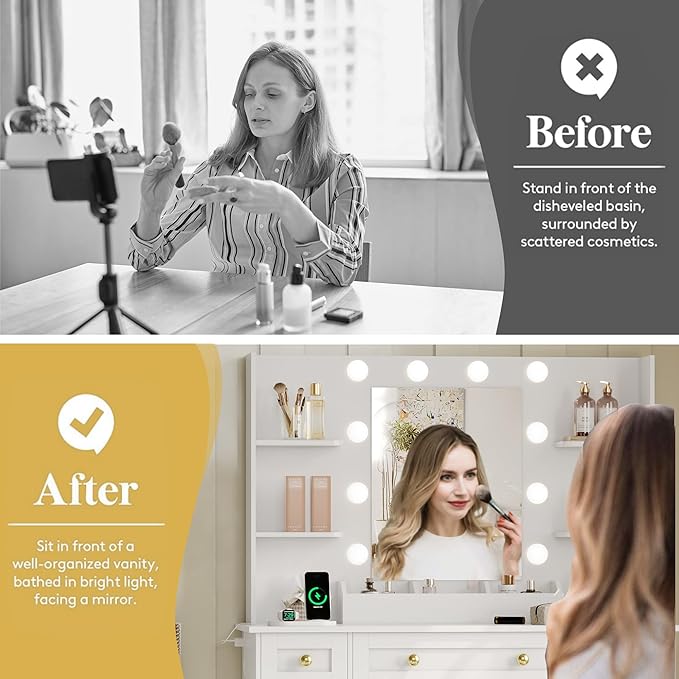 Vanity Makeup Desk with Mirror and Lights, Farmhouse Vanity Table Set with Storage Drawers, Charging Station & Chair, 43" Large Rustic Dressing Table, 3 Lighting Modes for Women Girls Bedroom, White