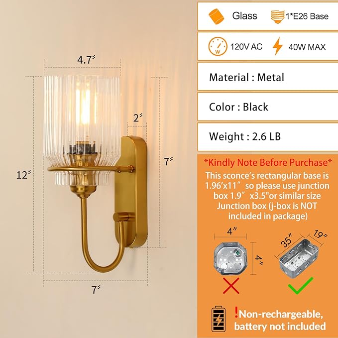 Gold Bathroom Sconces Set of 2, Modern Wall Sconce with Clear Glass Shade, Indoor Farmhouse Wall Sconce for Living Room, Bedroom, Hallway, Stairwell and Kitchen