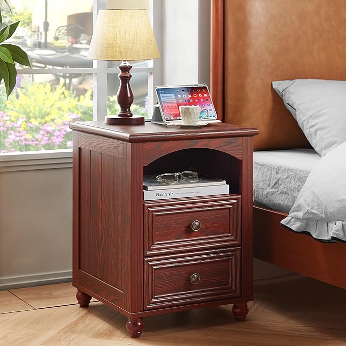 18" Farmhouse Night Stand Set 2 with Charger Station, RedOak 2 & 3 Drawers Wood Nightstand, Bedside End Table with Storage and Roman Column, Bed Side Tables Cabinet for Bedroom Living Room and Closet