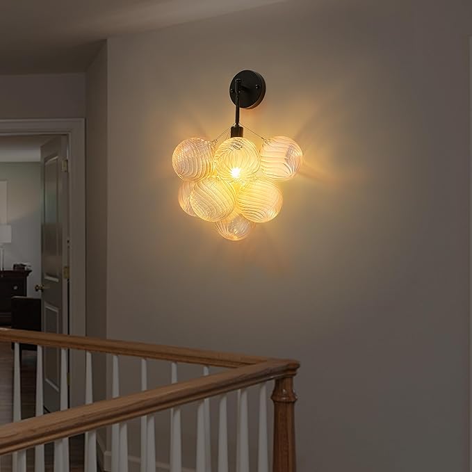 Bubble Wall Sconce, Hand Blown Wall Lights 15“ Dia Balls Shade Glass Lighting Wall Sconces, Clear Glass Wall Mounted Light Fixture for Living Room, Dining Room, Corridor, Bedroom (Black)