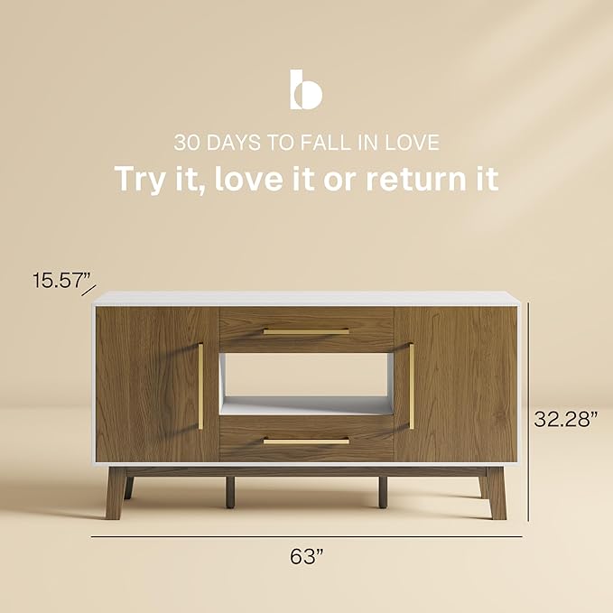 BELLEZE 63" Mid-Century Modern TV Stand for TV up to 65", Storage Media Console with Two Drawers and Cabinets, Entertainment Center for Living Room(Dark Walnut)