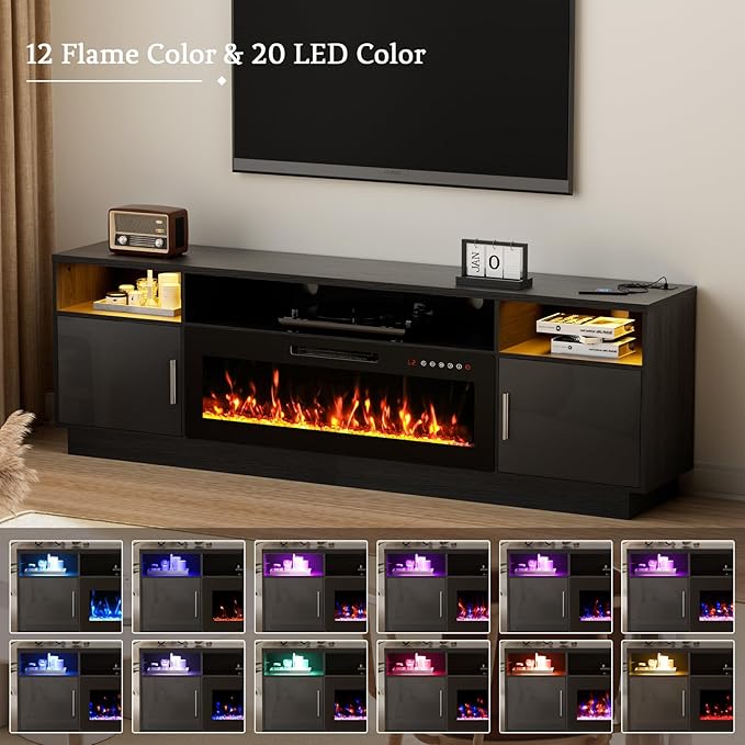 80'' TV Stand with 42'' Fireplace - LED Light Entertainment Center for 90 inch TVs - Black Cabinet with Storage, Modern Console for Living Room
