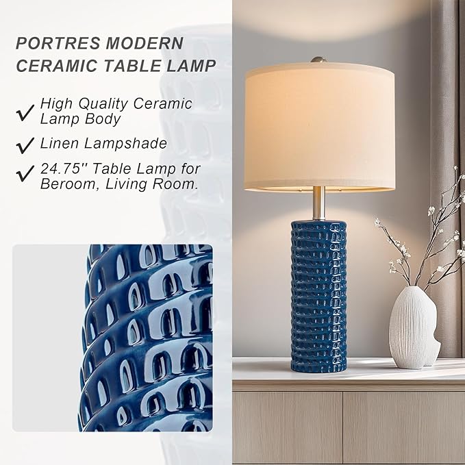 PORTRES 24.75" Modern Accent Ceramic Table Lamp Set of 2 for Bedroom Desk Decor Bedside Lamps for Living Room Study Room Office Dorm Farmhouse Nightstand Lamp End Table Lamps (Blue)