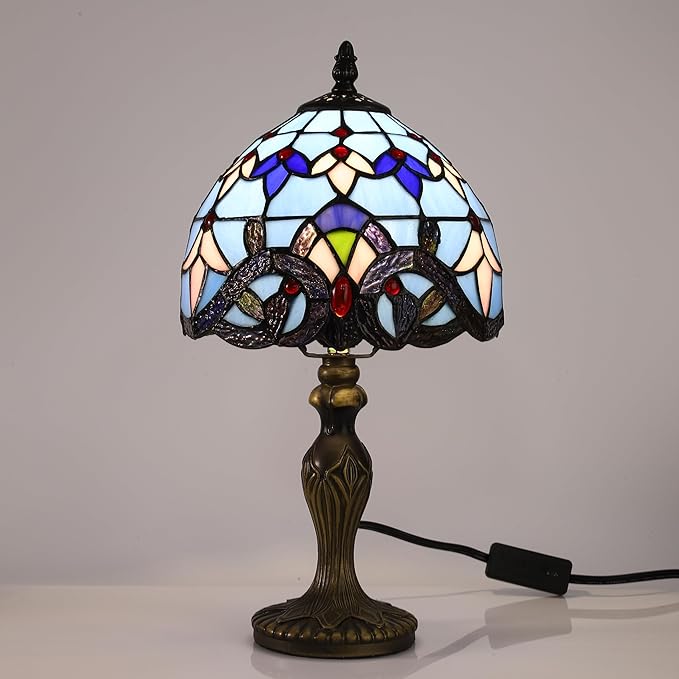 Tiffany Table Lamp for Bedroom Bedside Nightstand Table Lamp 3 Light Colors LED Stained Glass Lamp Shade End Side Small Table Lamps for Living Room 8X8X15Inch Hotel Home Reading Desk Lamp