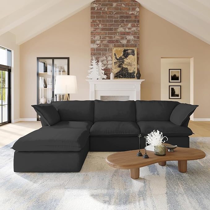 JACH L Shape Sectional Couches, Sectional Sofa with Chaise Ottoman, Deep 3-Seats Modular Sectional Sofa, Cushion Covers Removable, Two Corners and A Middle Sofa for Living Room, Black, 120-2345