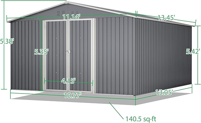 11x13ft Outdoor Metal Storage Shed,Steel Utility Tool Shed Storage House with Double Lockable Doors & Air Vent for Backyard Garden Patio Lawn Gray