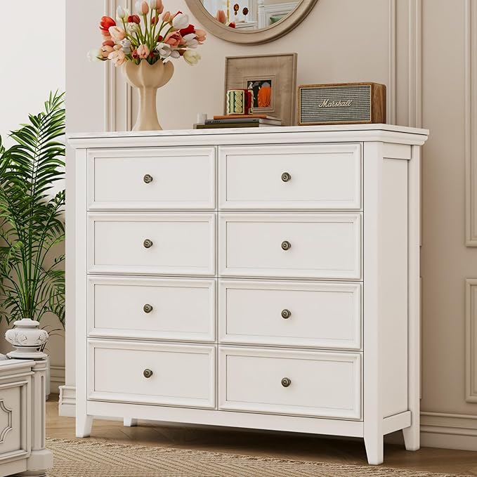 BLANKSPACE White 8 Drawer Dresser, Modern Dresser for Bedroom, Wood Drawer Organizer with Metal Knobs, Large Capacity Cabinet for Bedroom, Hallway