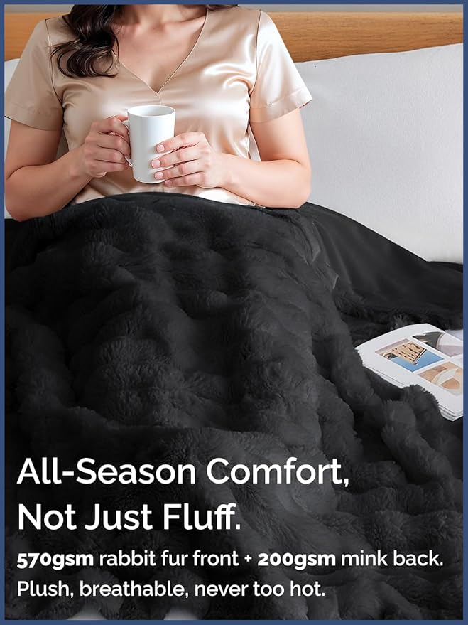 Fluffy Throw Blanket Queen Size - Faux Fur Throw for Couch or Bed - Ultra Plush Soft Extra Thick Faux Fur Rabbit Blanket - Comfy, Warm & Breathable - Luxury Minky Tie Dye Bedding - 90" x 90", Black