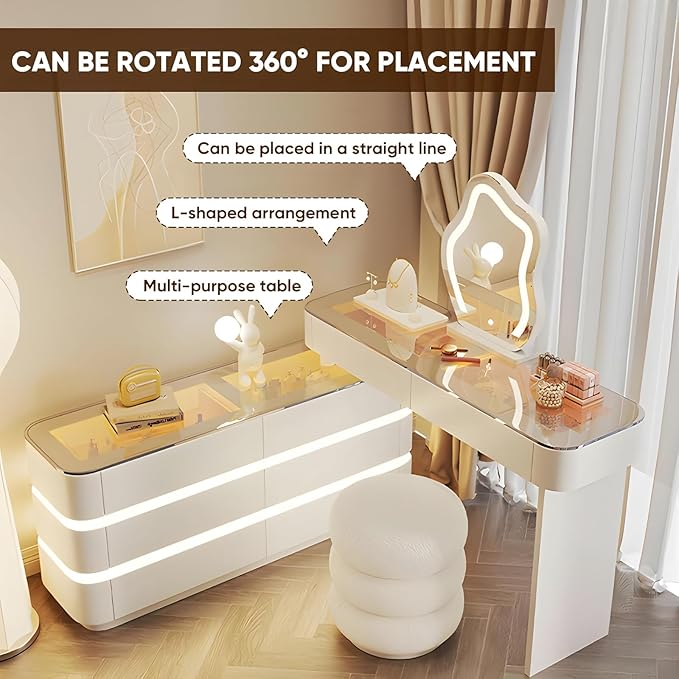 Vanity Set - Solid Wood Vanities Desk with LED Smart Mirror and Drawers, Modern Vanity Table with Glass Countertop and Makeup Stool, Vanities for Bedroom, Gifts for Her (White)