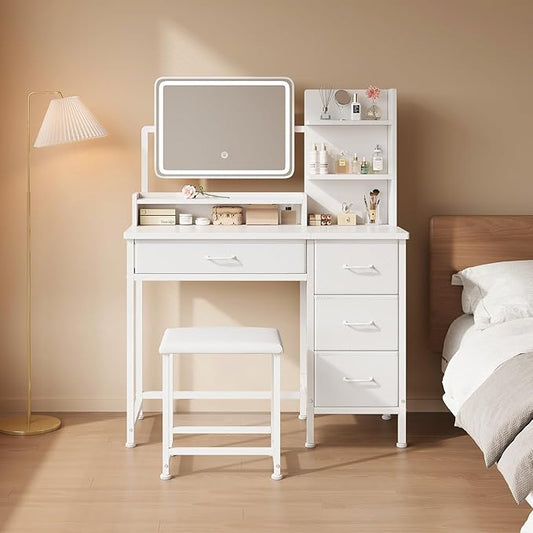 Makeup Vanity Desk with Mirror and Lights, Small Vanity with Fabric Storage Drawer & Chair & Shelves, White Compact Makeup Vanity Set for Bedroom