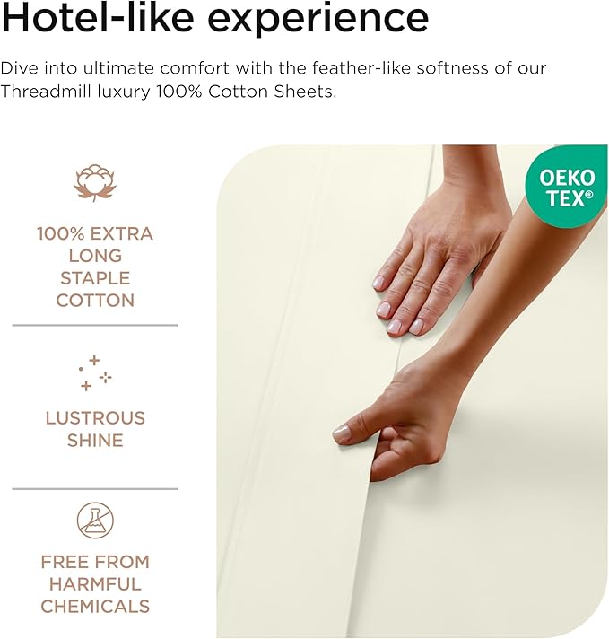 Threadmill Luxury 800 Thread Count Twin 100% Cotton Sheets - Ivory Sateen Weave Bed-Sheets, Better Than Egyptian Cotton,3 Pc Solid Soft Bedding Set, Fits 15" Deep Pocket