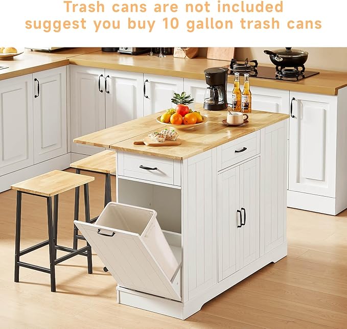 Stationary Kitchen Islands Include 2 Chairs, 47" Kitchen Island with Drop Leaf, Home Bar Table with Spice Rack & with Trash Cabinet, Island Table for Dining Room with Power Outlet, White