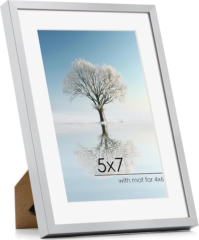 5x7 Picture Frame - 7 by 5 Metal Frame With Mat For 4x6, Aluminum Photo Frame Plexiglass And Hanging Hardware Included, 5 x 7 Silver Picture Frame | Silver