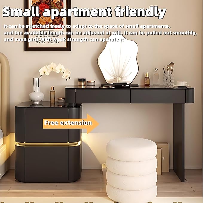 Makeup Vanity Desk with Storage Drawers, Solid Wood Glass Top, Lights Desk and Chair, Easy Installation (Black 6 Drawers, 47.2”)