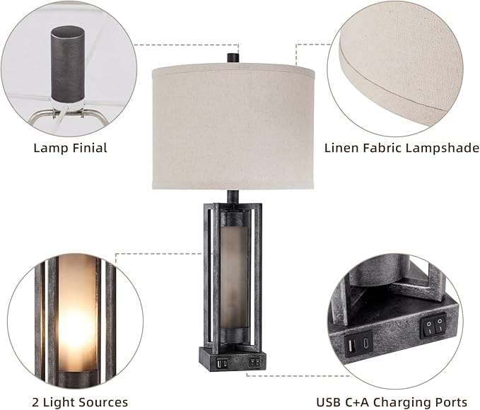 RORIANO Set of 2 Industrial Table Lamps for Living Room with USB C+A, Vintage End Table Lamp for Bedroom with Gray Nightlight, Farmhouse Rustic Desk Lamp for Bedside, 4 Bulbs Included (Iron Gray)