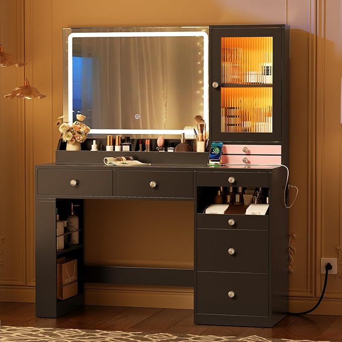 Makeup Vanity Desk with Mirror and Lights & Large LED Cabinet, Vanity Table with 2 Jewelry Boxes, 6 Drawers, and Built-in Shelves, Dressing Table with Power Outlets for Women Girls Bedroom, Black
