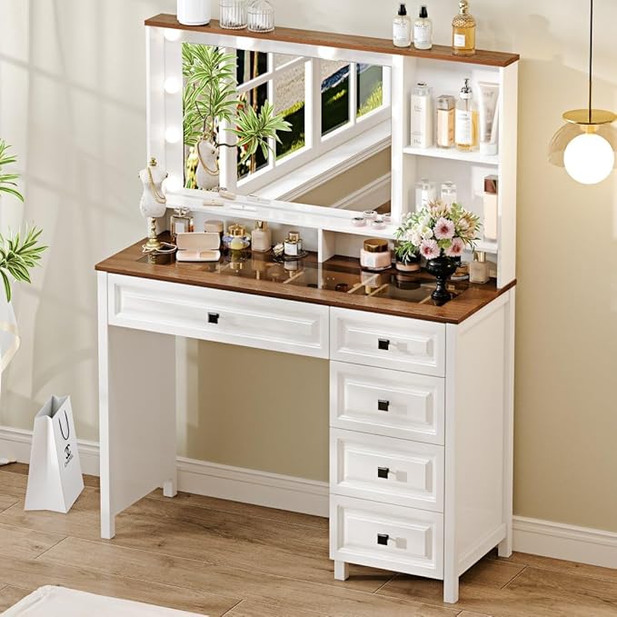 43" Large Vanity Desk with Mirror and Lights,Makeup Vanity with 10 Lights，Modern Makeup Table with 5 Drawers，Open Shelves for Bedroom Makeup Room，Cream