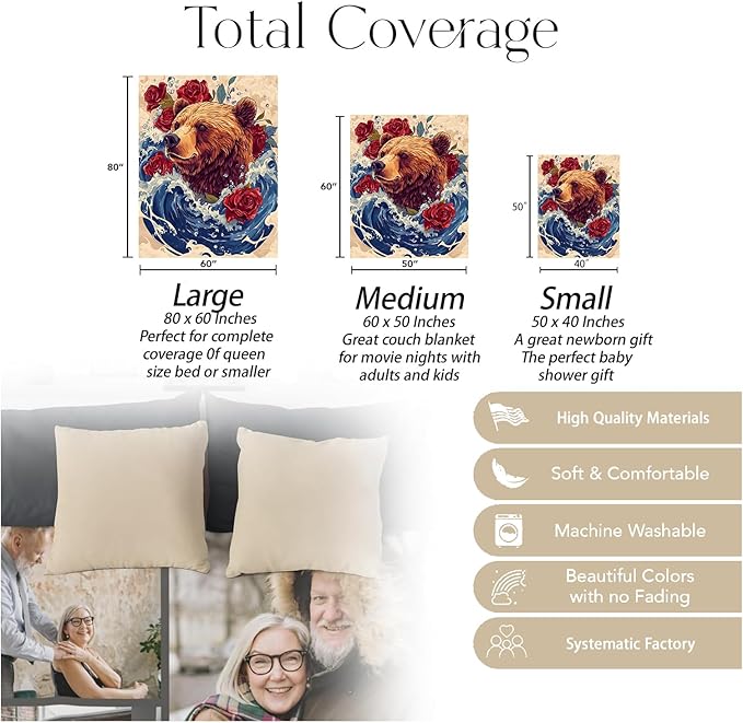 Wild Bear Blanket, Soft Cozy Warm Grizzly, Waves, Roses Throw Blanket Gifts for Adults Kids Women Men, Lightweight Comfy Fuzzy Flannel Blankets for Couch, Travel, Home Decor 60×50 Inch