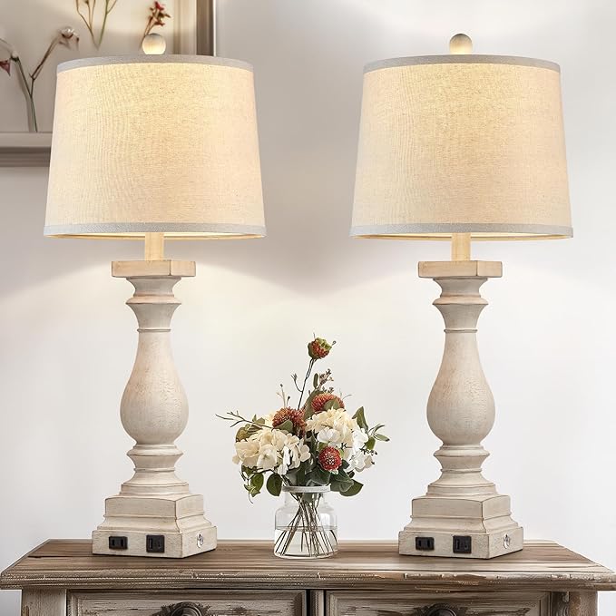 28" Tall Farmhouse Table Lamps Set of 2 with USB C+A Ports and AC Outlet, 3 Way Touch Control Rustic Bedside Lamp for Bedroom, Beige Vintage Nightstand Lamp for Living Room Office