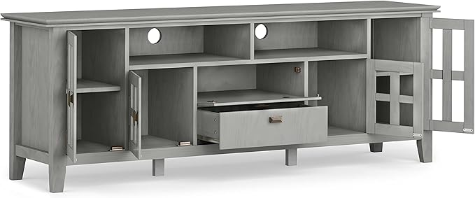 SIMPLIHOME Artisan SOLID WOOD 72 Inch Wide Contemporary TV Media Stand in Fog Grey for TVs up to 80 Inches, For the Living Room and Entertainment Center