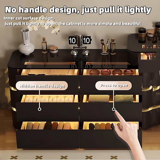 Makeup Vanity Desk with Storage Drawers, Solid Wood Glass Top, Lights Desk and Chair, Easy Installation (White 6 Drawers, 31.5”)