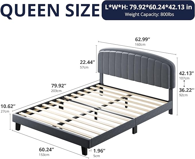 Cozy Castle Queen Bed Frame, Upholstered Platform Bed with Velvet Adjustable Curved Headboard, Mattress Foundation with Strong Wooden Slats, No Box Spring Needed, Easy Assembly, Gray