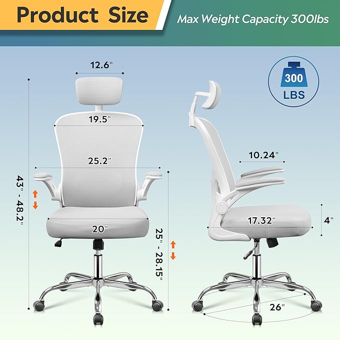 DEVAISE Office Chair, High Back Mesh Ergonomic Desk Chair with Flip-up Armrests, Adjustable Headrest and Lumbar Support, White