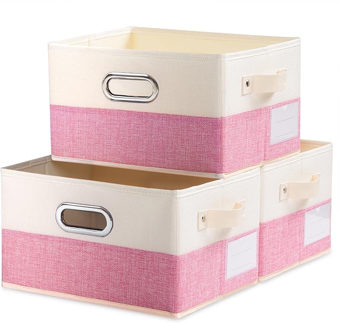 PRANDOM Fodable Storage Bins for Closet [3-Pack] Decorative Fabric Storage Baskets Cubes with Leather/Metal Handles for Shelves Bedroom Living Room Pink&Cream (11.5x8.5x6.7 Inch)