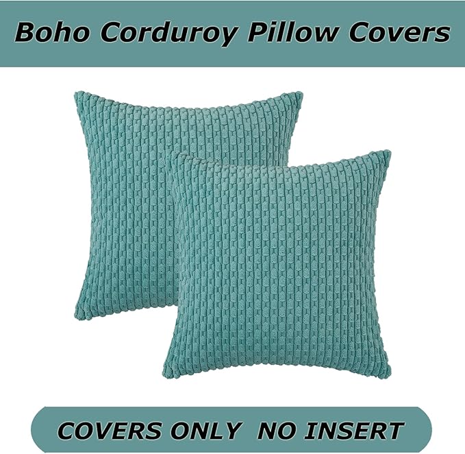 Kevin Textile Throw Pillow Covers Soft Corduroy Decorative Set of 2 Boho Striped Pillow Covers Pillowcases Farmhouse Home Decor for Couch Bed Sofa Living Room 18x18 Inch Aqua Green