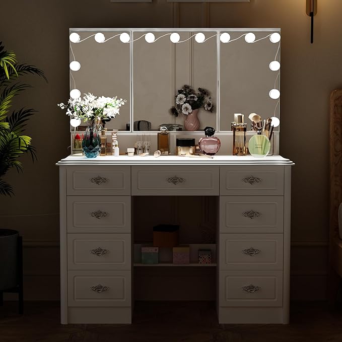 ECACAD White Makeup Vanity Desk with 15 Light Bulbs & 3 Mirrors, Modern Vanity Table Dressing Table with 9 Drawers, Hidden Shelves & Foldable Mirror, 3 Color Lighting Modes, Brightness Adjustable