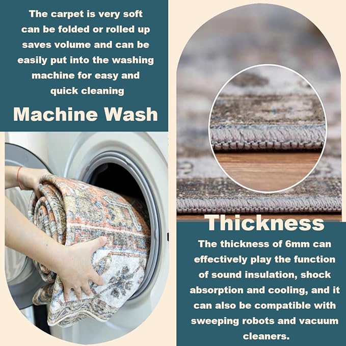 Beige Blue Washable Area Rug 8'x10' Boho Chic Medallion Distressed Design Non-Shedding Easy Care Ideal for High Traffic Areas in Living Room Bedroom Office Coffee Table Large Carpet