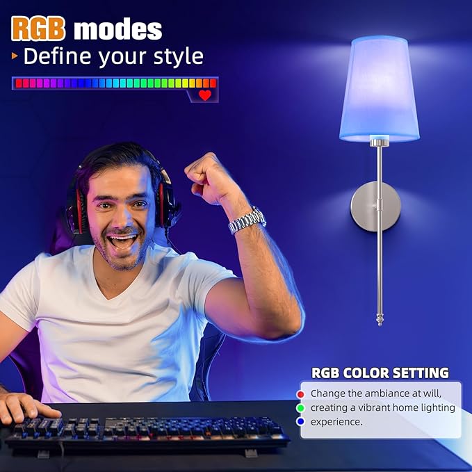 NIORSUN 25.4 inch Brushed Nickel Battery Operated Wall Sconce Set of 2,Rechargeable Wall Lights with Dimmable Detachable Bulbs and Remote,9 Colors Wireless Sconces for Bedroom Living Room Hallway