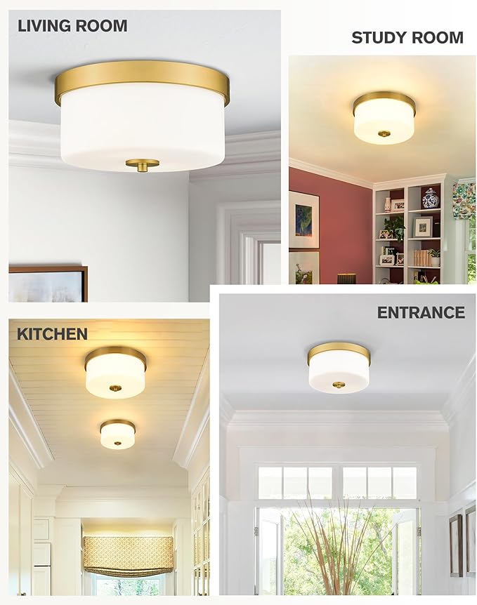 Emak 11 Inch Brushed Gold Flush Mount Ceiling Light Fixture, 2-Light Fixtures Ceiling Mount with Milk Glass Shades for Hallway, Kitchen, Bathroom, Dining Room, FM082-GD-ML
