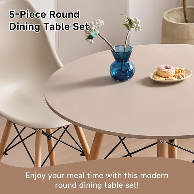 31.5'' 5 Piece Round Dining Table Set for 4, Mid-Century Modern Table with Chairs, Space Saving, Plastic Seats, Wood Legs, Circle Dinner Table for Kitchen, Home, Apartment, Khaki