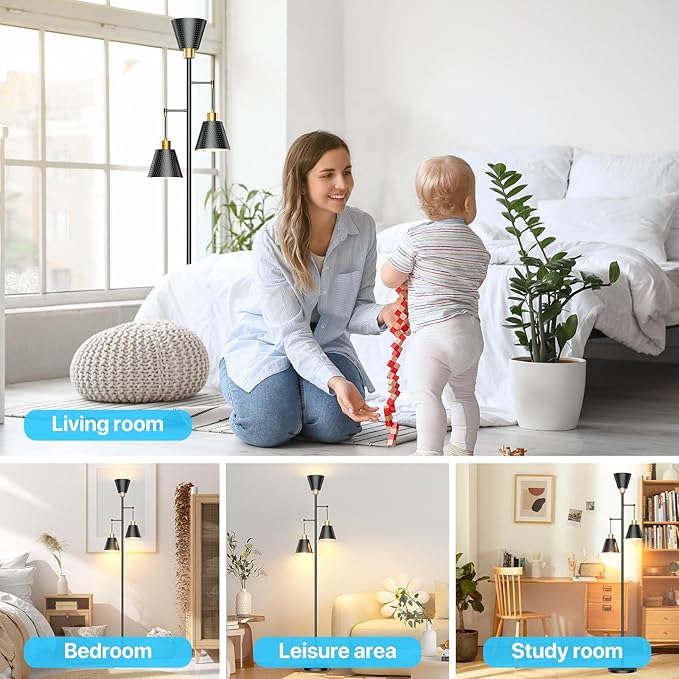 Black Floor Lamp with Cage Shade - 70" Standing Lamp for Living Room Corner - 3 LED Bulbs - Rustic Industrial Modern