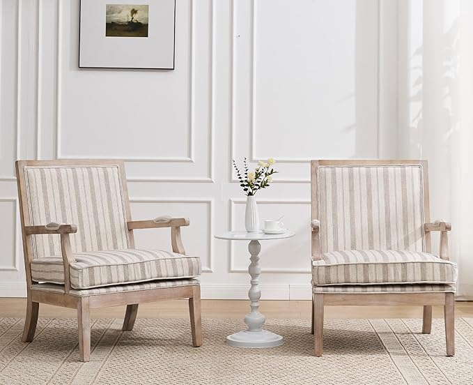 chairus Farmhouse Linen Accent Chair Set of 2, Upholstered Reading Chair with Solid Wood Frame Lounge Arm Chair with High Back for Living Room, Reception Room, Waiting Room, Khaki Stripe