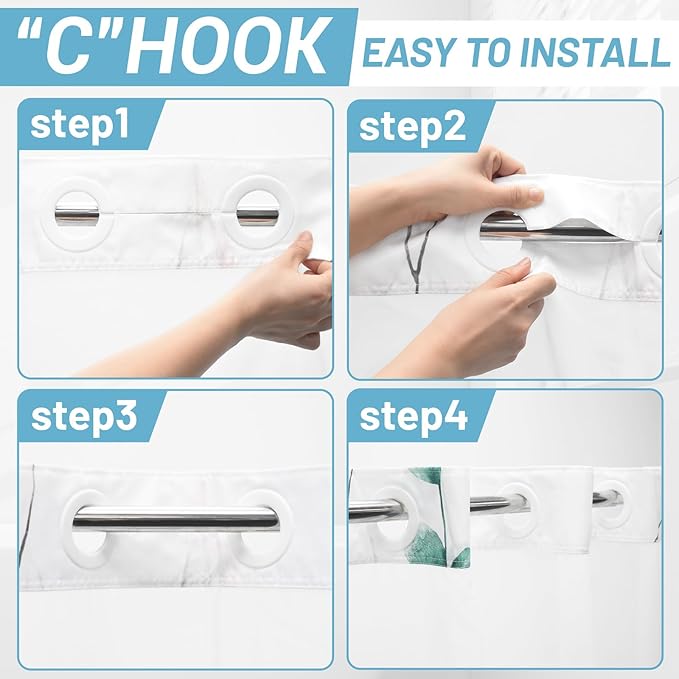 No Hook Shower Curtain with Snap in Liner - Floral Shower Curtain - Fabric Waterproof Inner Liner, Plants Watercolor Teal Flower Modern Cloth Shower Curtains - Machine Washable, 71 x 74