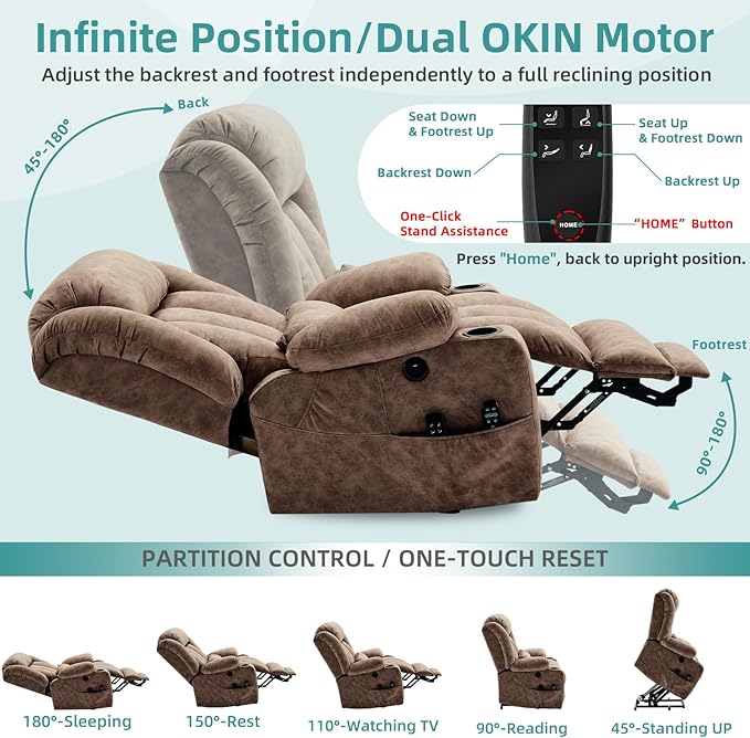 MEETWARM Oversized Dual Motor Lay Flat Power Lift Recliner Chair for Big Man with Heat Massage, Large Sleeping Electric Recliner with Extended Footrest, Lumbar Pillow, USB & Type-C Ports, Plush-Brown
